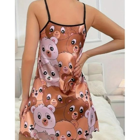 Cute Bear Print Lettuce Trim Slip Nightdress, Round Neck Backless Sleep Dress - Picture 3 of 3